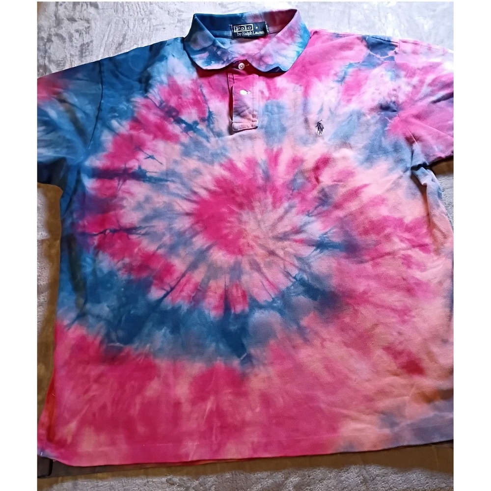 Polo Ralph Lauren Tie Dye Polo Shirt Mens Large Pink Blue Spiral Cotton Pony